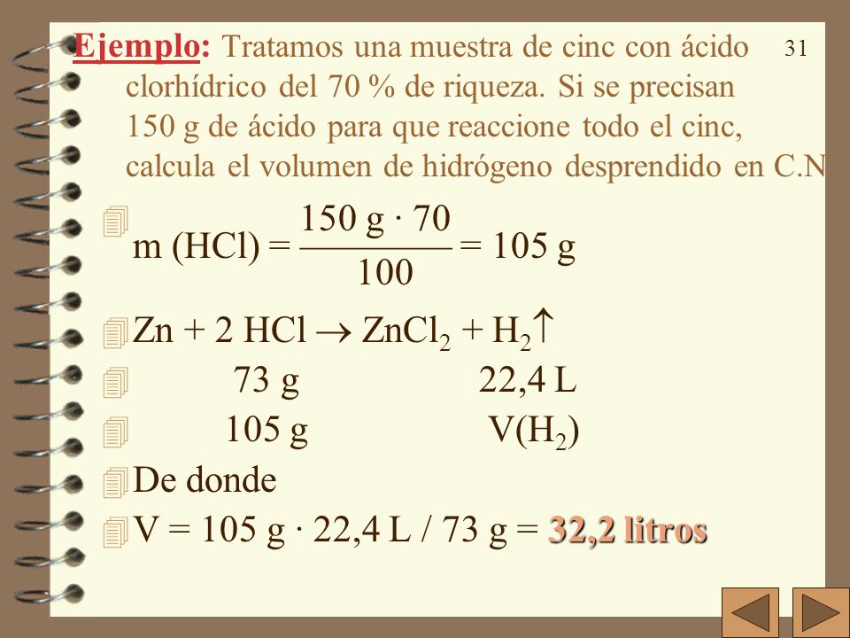150 g · 70 m (HCl) = ———— = 105 g 100 Zn + 2 HCl  ZnCl2 + H2