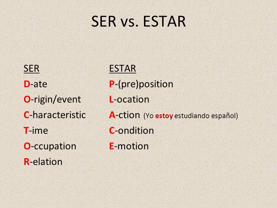 SER vs. ESTAR SER D-ate O-rigin/event C-haracteristic T-ime O-ccupation R-elation