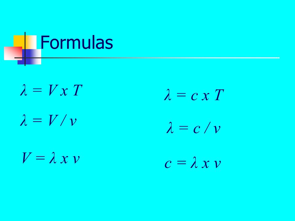 Formulas λ = V x T λ = c x T λ = V / v λ = c / v V = λ x v c = λ x v
