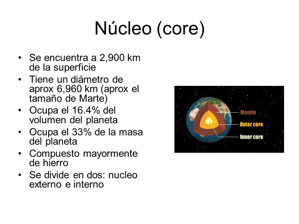 Núcleo (core) Se encuentra a 2,900 km de la superficie