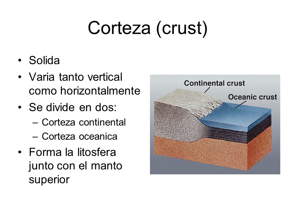 Corteza (crust) Solida Varia tanto vertical como horizontalmente