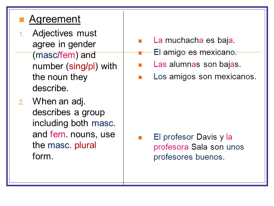 Agreement Adjectives must agree in gender (masc/fem) and number (sing/pl) with the noun they describe.