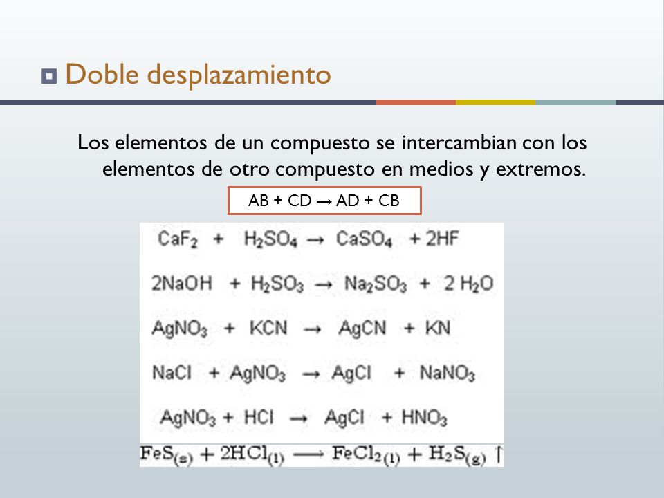 Doble desplazamiento Los elementos de un compuesto se intercambian con los elementos de otro compuesto en medios y extremos.