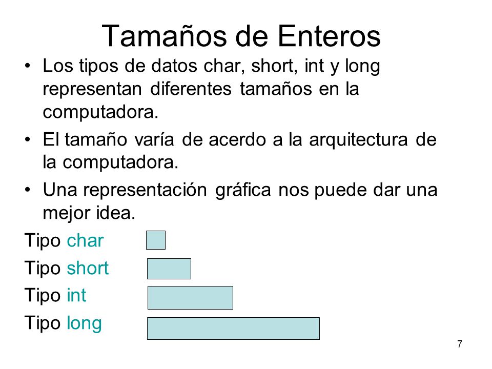 Tamaños de Enteros Los tipos de datos char, short, int y long representan diferentes tamaños en la computadora.