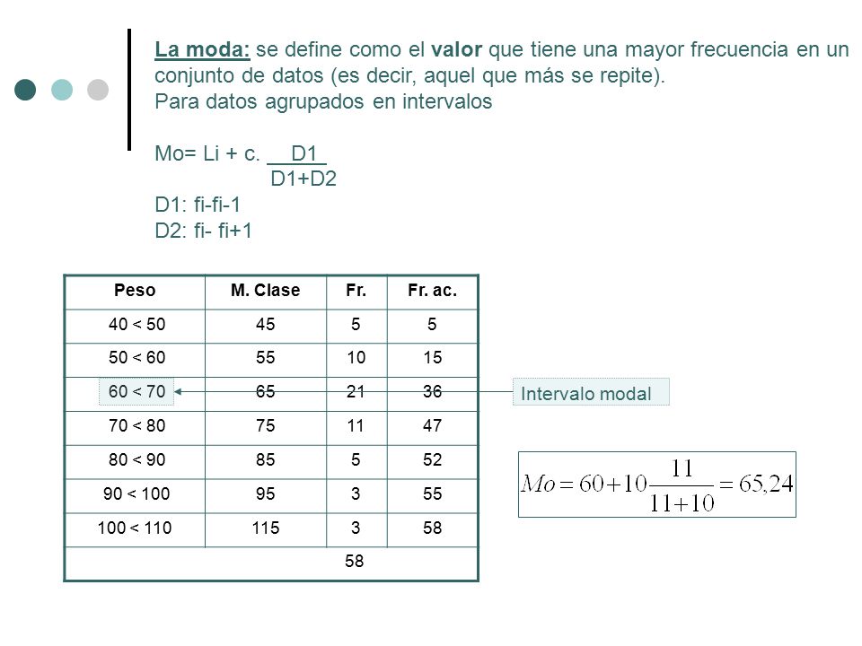Para datos agrupados en intervalos Mo= Li + c. D1 D1+D2 D1: fi-fi-1