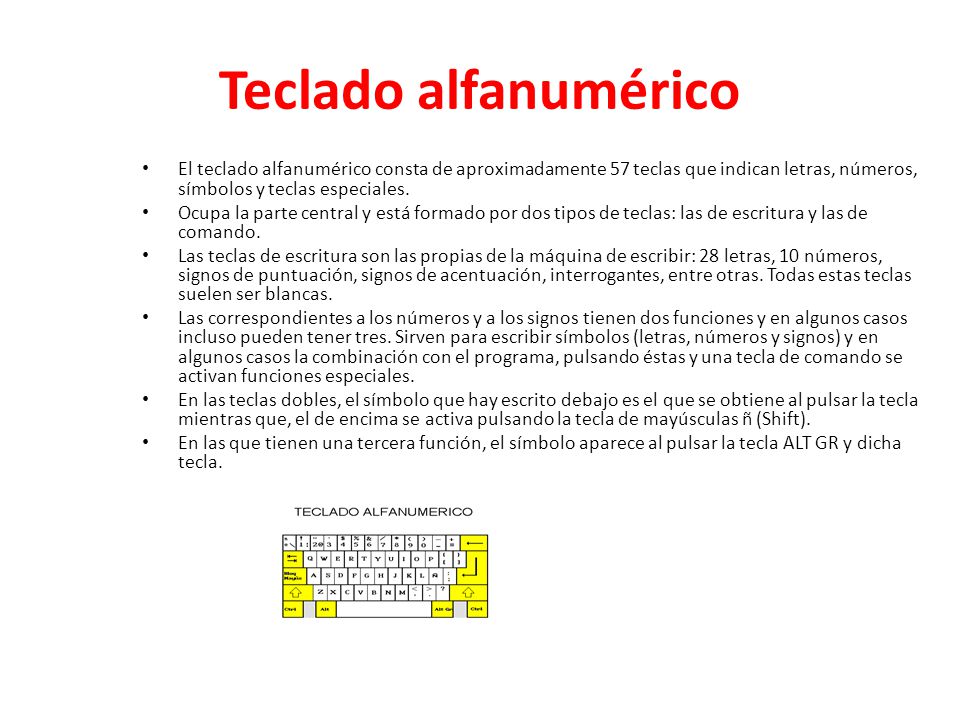 Teclado alfanumérico El teclado alfanumérico consta de aproximadamente 57 teclas que indican letras, números, símbolos y teclas especiales.