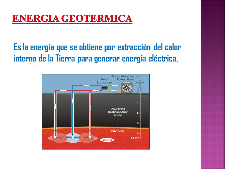 ENERGIA GEOTERMICA Es la energía que se obtiene por extracción del calor interno de la Tierra para generar energía eléctrica.