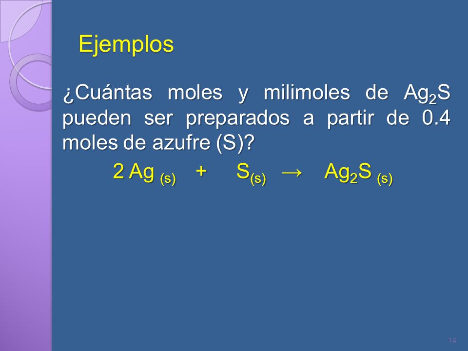 Ejemplos ¿Cuántas moles y milimoles de Ag2S pueden ser preparados a partir de 0.4 moles de azufre (S).