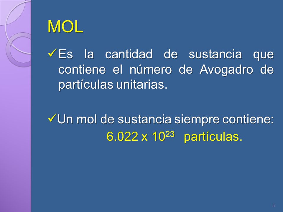MOL Es la cantidad de sustancia que contiene el número de Avogadro de partículas unitarias. Un mol de sustancia siempre contiene: