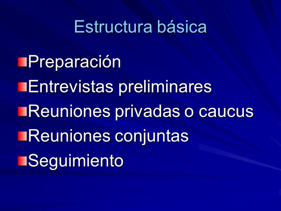 Estructura básica Preparación. Entrevistas preliminares. Reuniones privadas o caucus. Reuniones conjuntas.
