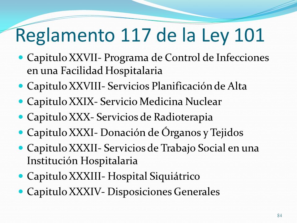 Reglamento 117 de la Ley 101 Capitulo XXVII- Programa de Control de Infecciones en una Facilidad Hospitalaria.