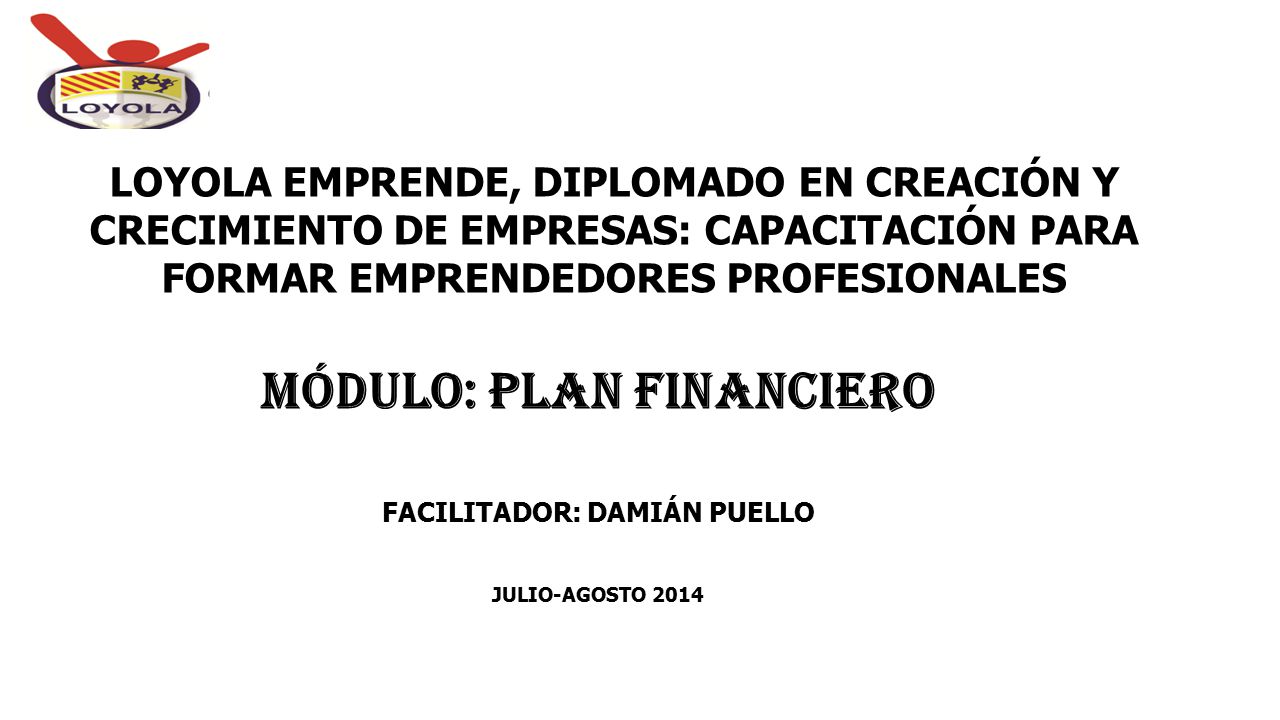 MÓDULO: PLAN FINANCIERO FACILITADOR: DAMIÁN PUELLO JULIO-AGOSTO 2014