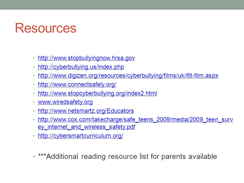 Resources ***Additional reading resource list for parents available