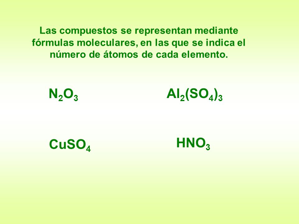 Las compuestos se representan mediante fórmulas moleculares, en las que se indica el número de átomos de cada elemento.