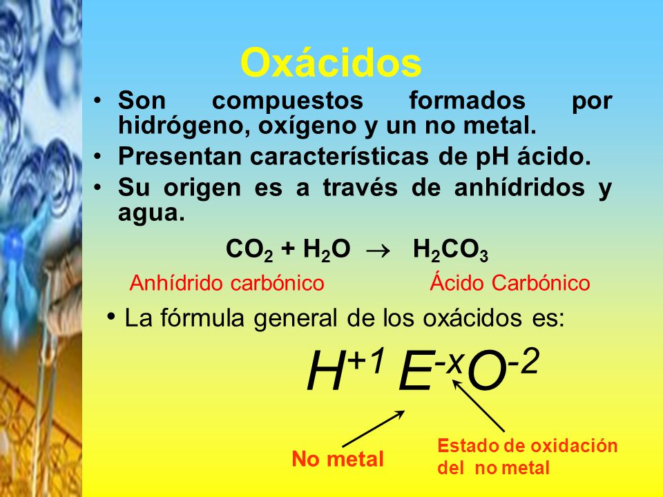Oxácidos La fórmula general de los oxácidos es: H+1 E-xO-2