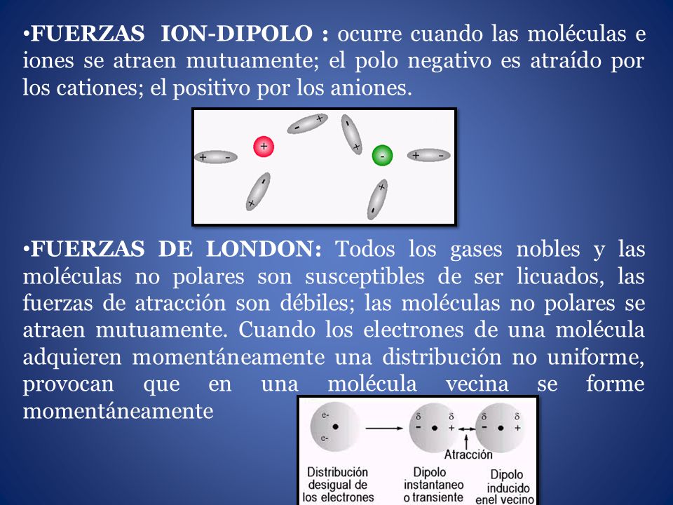FUERZAS ION-DIPOLO : ocurre cuando las moléculas e iones se atraen mutuamente; el polo negativo es atraído por los cationes; el positivo por los aniones.