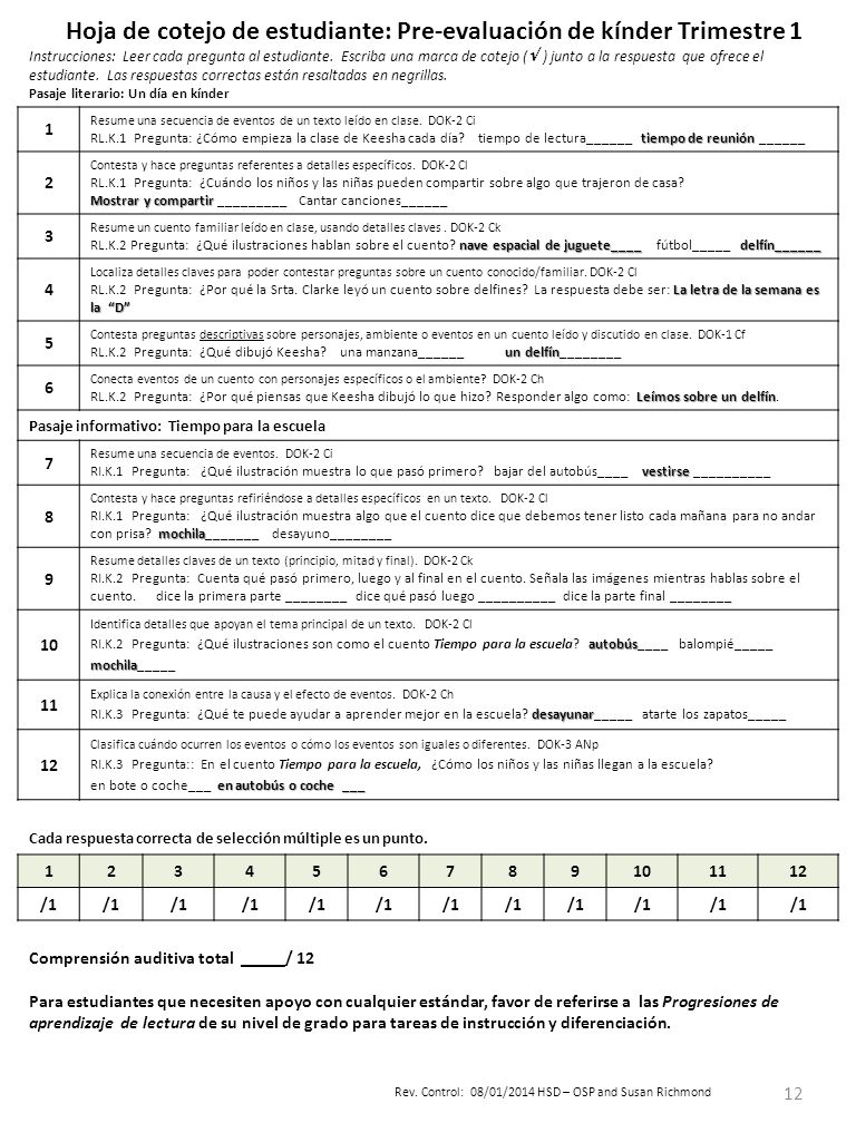Hoja de cotejo de estudiante: Pre-evaluación de kínder Trimestre 1