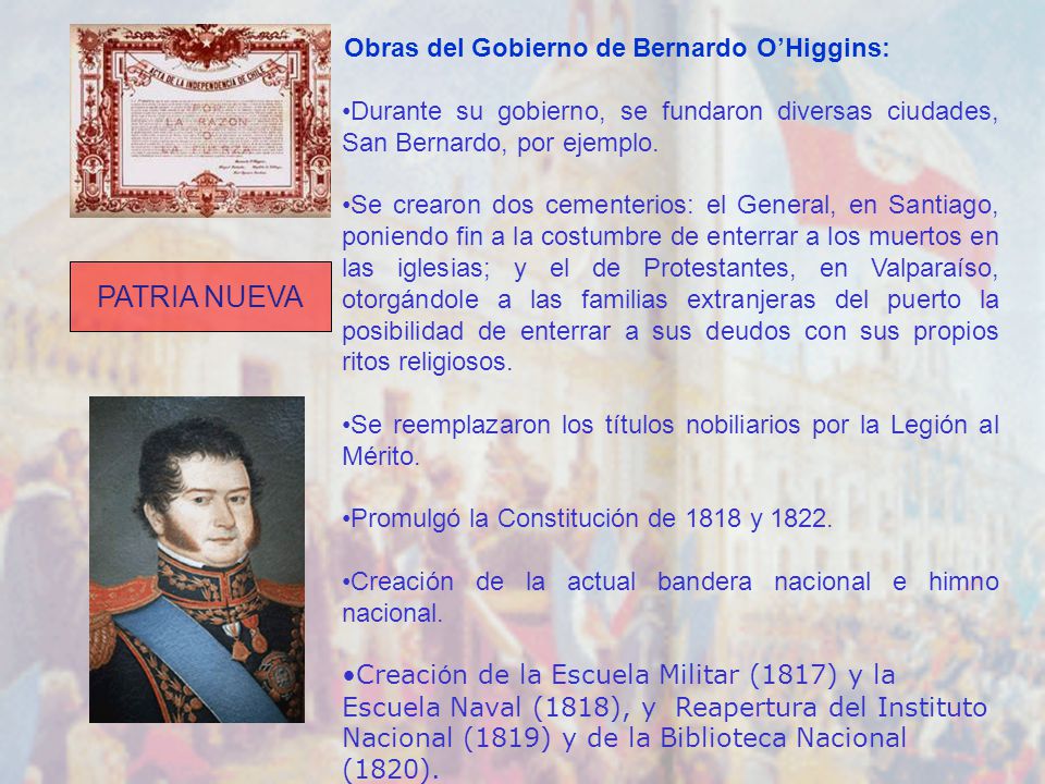 PATRIA NUEVA Obras del Gobierno de Bernardo O’Higgins: