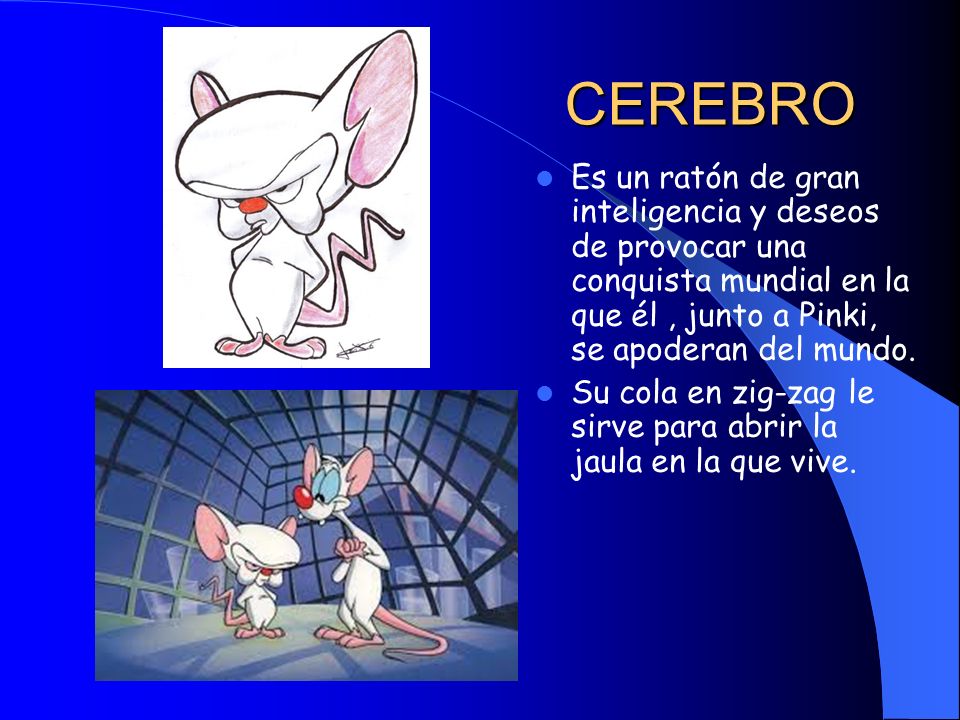 CEREBRO Es un ratón de gran inteligencia y deseos de provocar una conquista mundial en la que él , junto a Pinki, se apoderan del mundo.