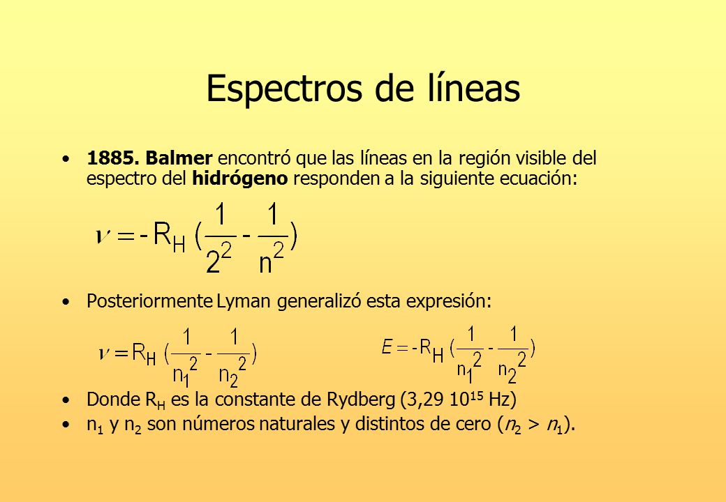 Espectros de líneas Balmer encontró que las líneas en la región visible del espectro del hidrógeno responden a la siguiente ecuación: