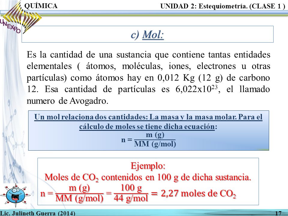 Moles de CO2 contenidos en 100 g de dicha sustancia.