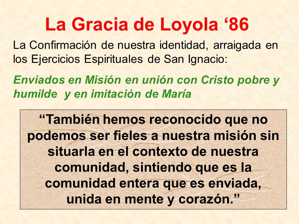La Gracia de Loyola ‘86 La Confirmación de nuestra identidad, arraigada en los Ejercicios Espirituales de San Ignacio: