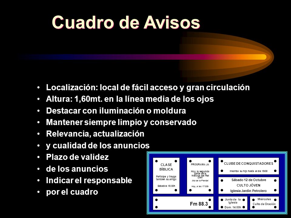 Cuadro de Avisos Localización: local de fácil acceso y gran circulación. Altura: 1,60mt. en la línea media de los ojos.