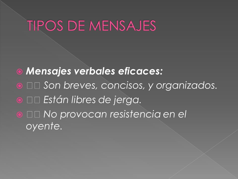 TIPOS DE MENSAJES Mensajes verbales eficaces: