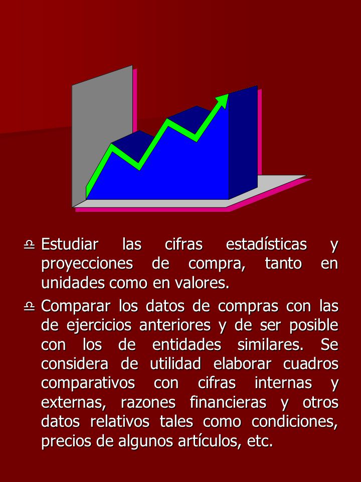 Estudiar las cifras estadísticas y proyecciones de compra, tanto en unidades como en valores.