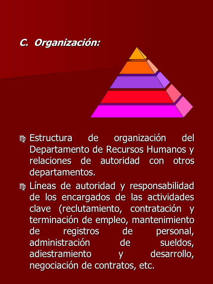 C. Organización: Estructura de organización del Departamento de Recursos Humanos y relaciones de autoridad con otros departamentos.
