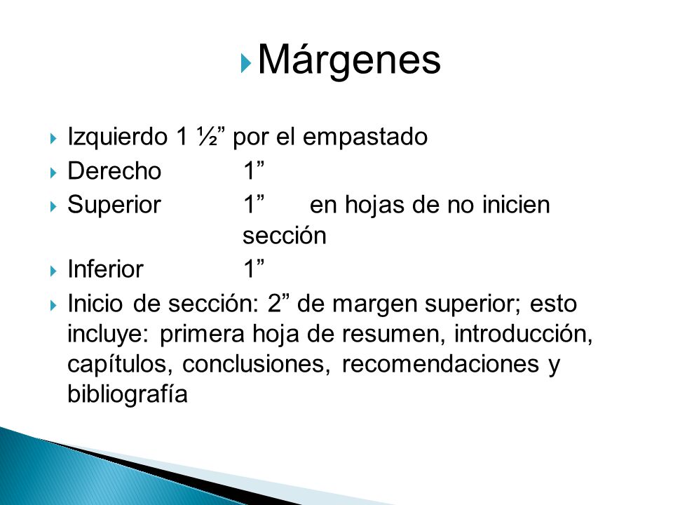 Márgenes Izquierdo 1 ½ por el empastado Derecho 1