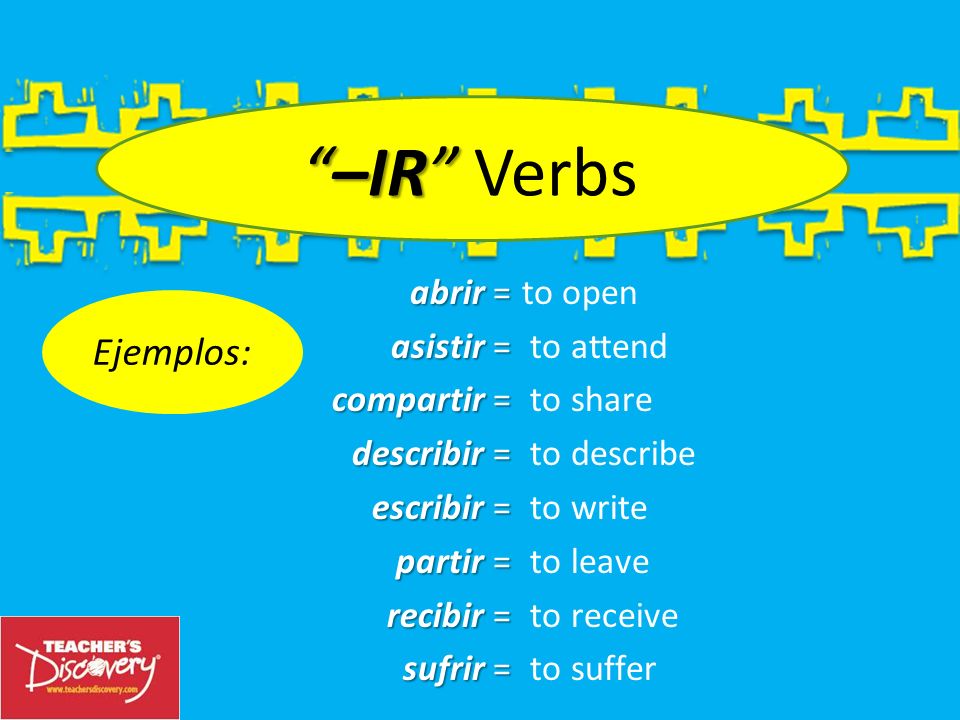 –IR Verbs Ejemplos: abrir = asistir = compartir = describir =