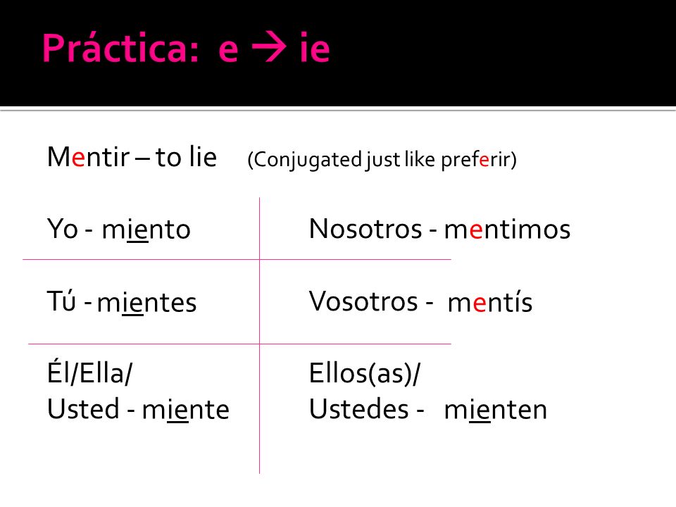 Práctica: e  ie Mentir – to lie (Conjugated just like preferir) Yo - Nosotros - Tú - Vosotros - Él/Ella/ Ellos(as)/ Usted - Ustedes -