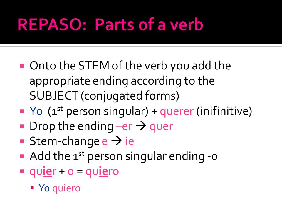 REPASO: Parts of a verb Onto the STEM of the verb you add the appropriate ending according to the SUBJECT (conjugated forms)