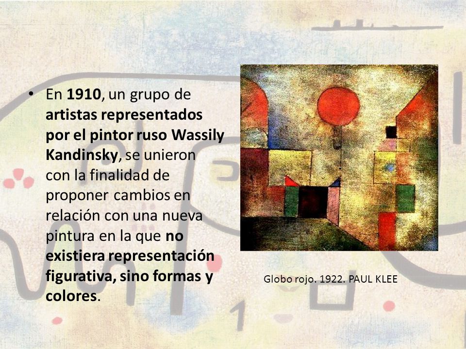 En 1910, un grupo de artistas representados por el pintor ruso Wassily Kandinsky, se unieron con la finalidad de proponer cambios en relación con una nueva pintura en la que no existiera representación figurativa, sino formas y colores.