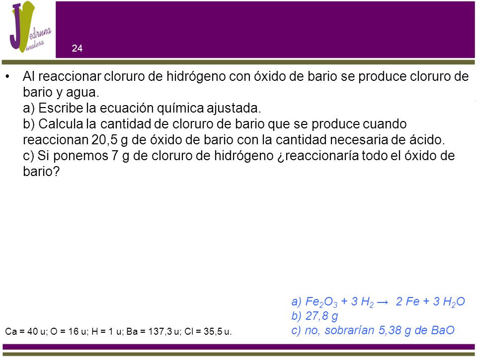 Fe2O3 +H2→ Fe+H2O 320g+12g → 224g+... a) Escribe la ecuación química ajustada. b) Calcula la cantidad de agua que aparece. c) Calcula la cantidad de hidrógeno que reacciona con 400 g de óxido de hierro (III). d) Enuncia la ley que has aplicado en el apartado b).