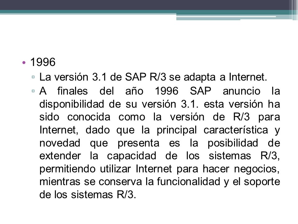 1996 La versión 3.1 de SAP R/3 se adapta a Internet.