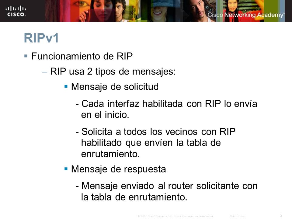 RIPv1 Funcionamiento de RIP RIP usa 2 tipos de mensajes: