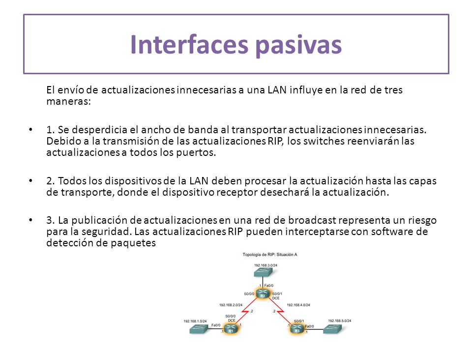 Interfaces pasivas El envío de actualizaciones innecesarias a una LAN influye en la red de tres maneras: