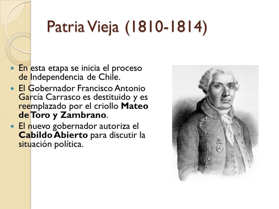 Patria Vieja ( ) En esta etapa se inicia el proceso de Independencia de Chile.