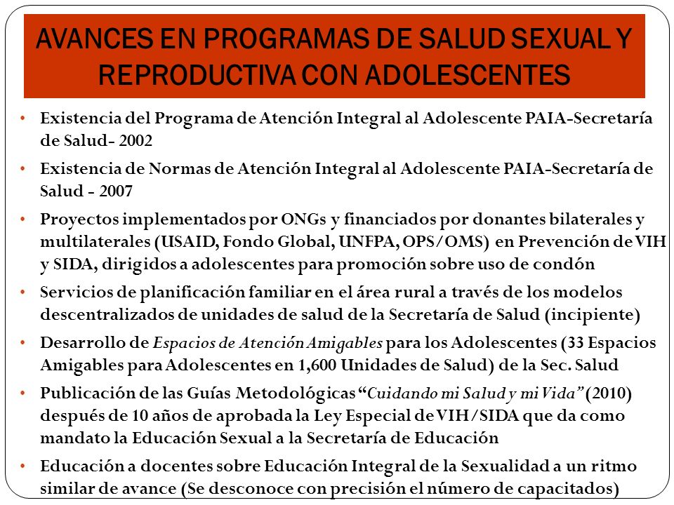 AVANCES EN PROGRAMAS DE SALUD SEXUAL Y REPRODUCTIVA CON ADOLESCENTES