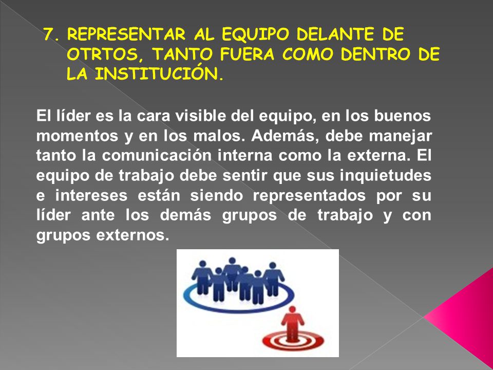 7. REPRESENTAR AL EQUIPO DELANTE DE OTRTOS, TANTO FUERA COMO DENTRO DE LA INSTITUCIÓN.