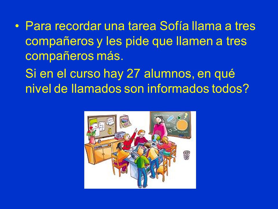 Para recordar una tarea Sofía llama a tres compañeros y les pide que llamen a tres compañeros más.