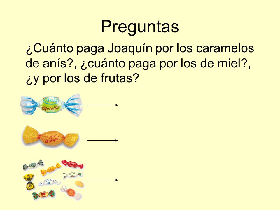 Preguntas ¿Cuánto paga Joaquín por los caramelos de anís , ¿cuánto paga por los de miel , ¿y por los de frutas