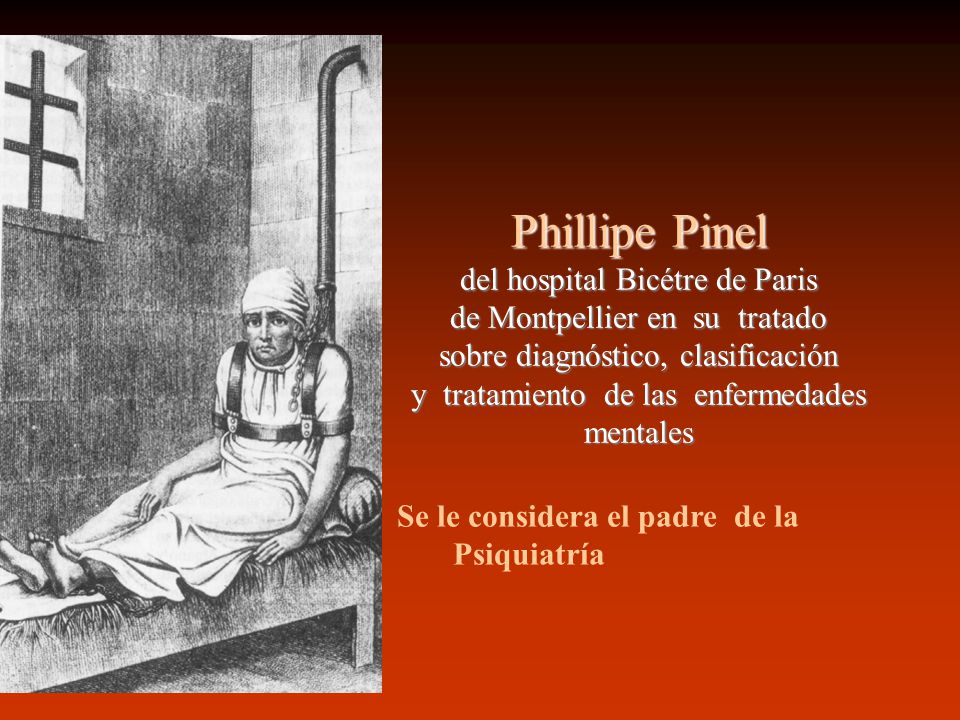 Phillipe Pinel del hospital Bicétre de Paris de Montpellier en su tratado sobre diagnóstico, clasificación y tratamiento de las enfermedades mentales