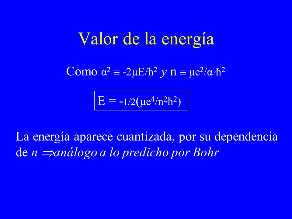 Valor de la energía Como α2  -2μE/h2 y n  μe2/α h2