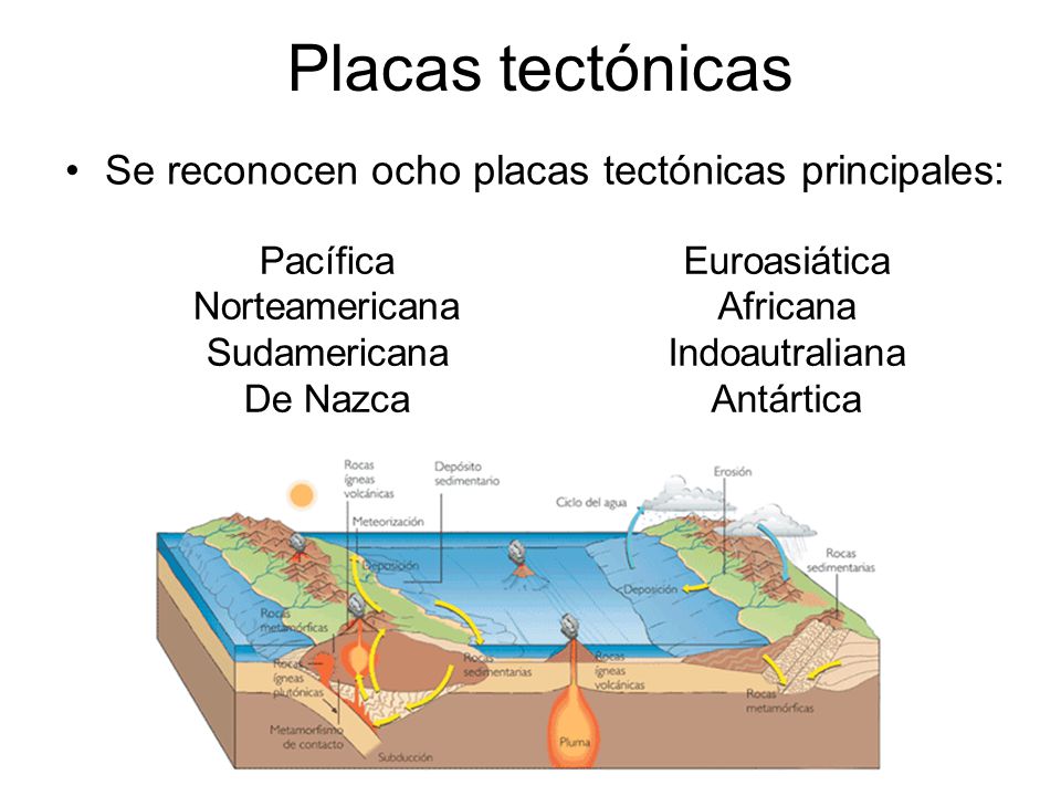 Placas tectónicas Se reconocen ocho placas tectónicas principales: