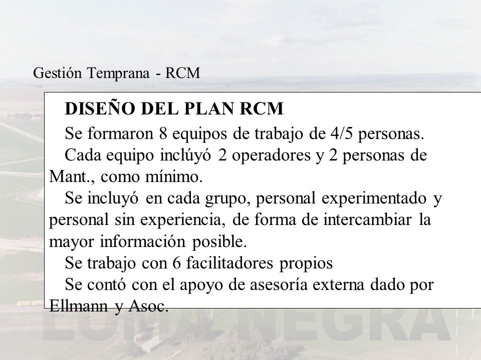 DISEÑO DEL PLAN RCM Se formaron 8 equipos de trabajo de 4/5 personas.