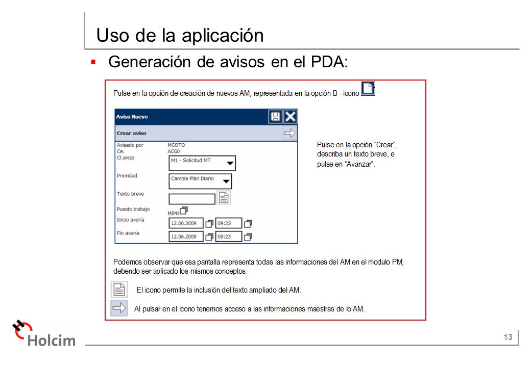 Uso de la aplicación Generación de avisos en el PDA: