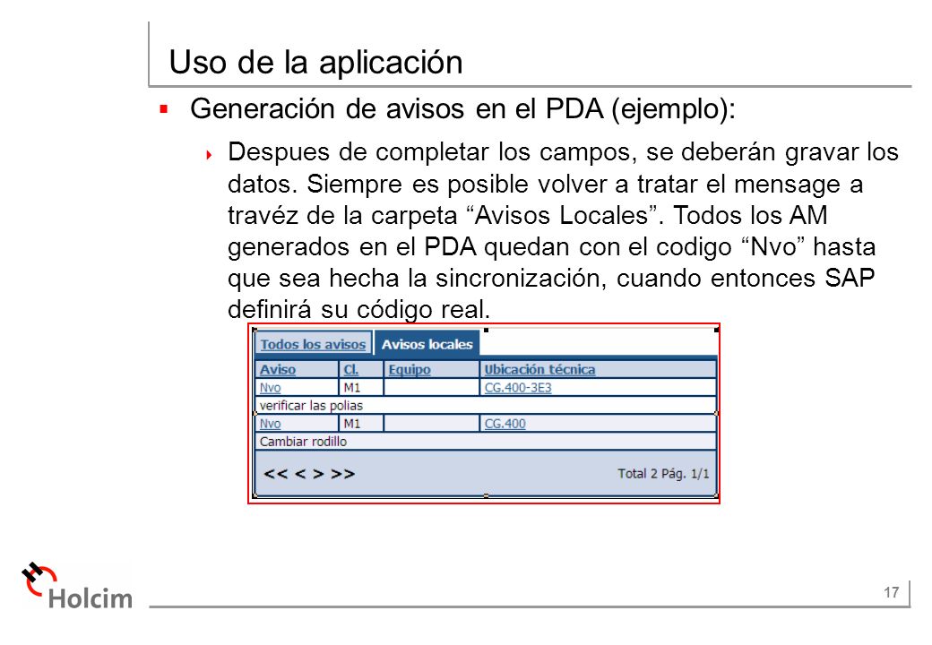 Uso de la aplicación Generación de avisos en el PDA (ejemplo):
